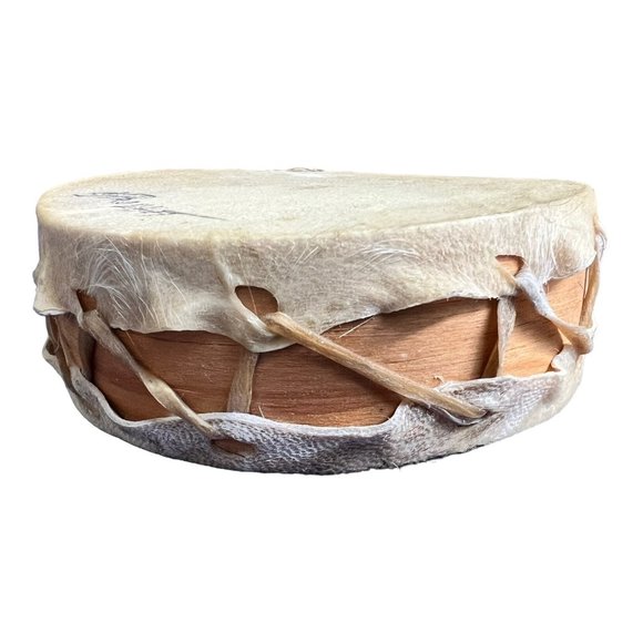 Hopi Drum Skin Signed C J Prophet Leather Art Hand Painted 4" X 1.25" - Picture 7 of 7